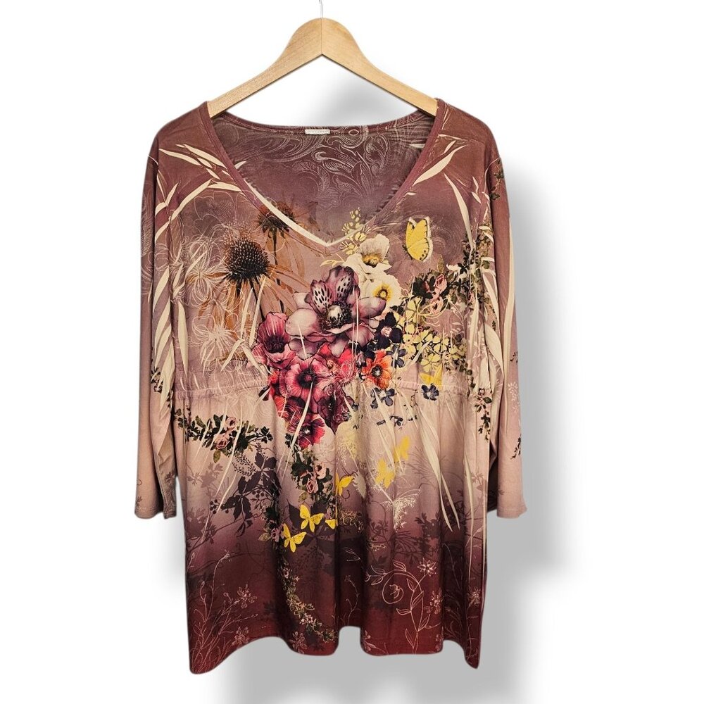 Vintage Y2K Top 2X Dark Floral 3/4 Sleeve V-Neck Butterfly Fairy Whimsy Boho‎